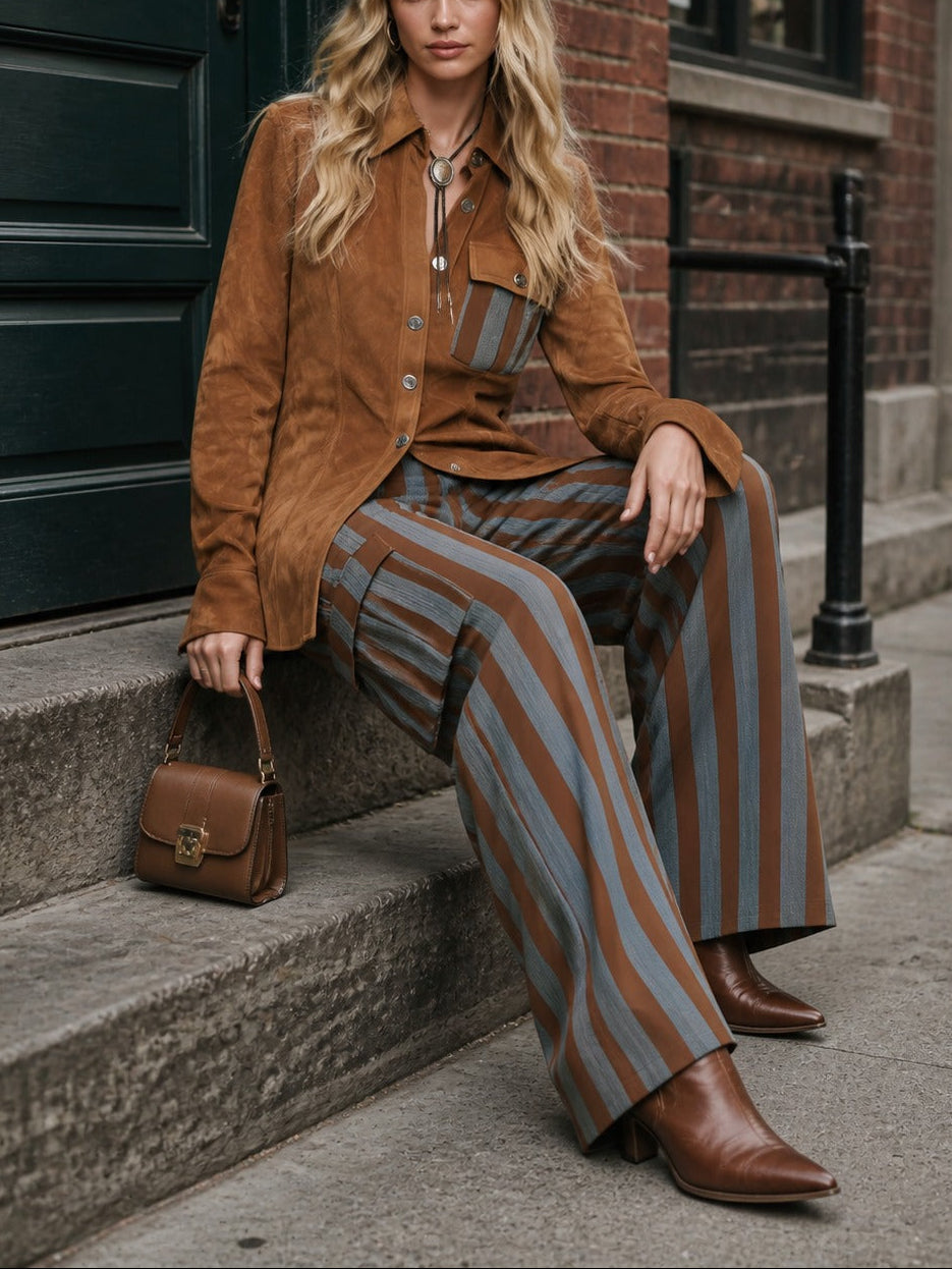 Retro Faux Suede Shirt And Vertical Striped Trousers Set