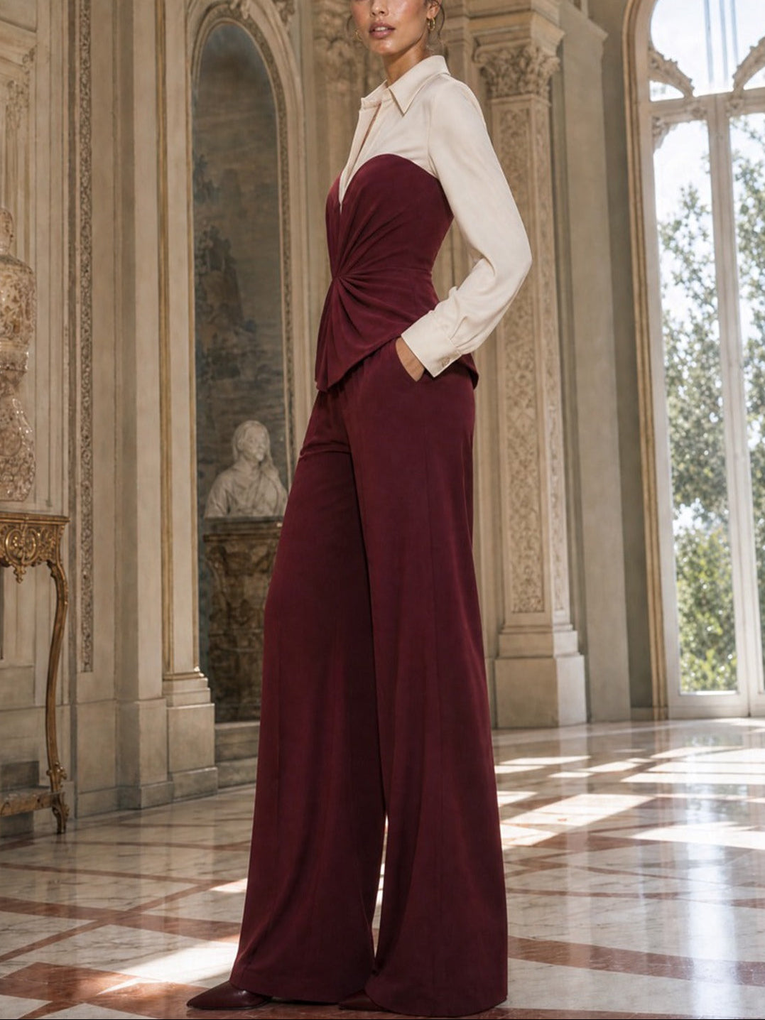 Color-block sweetheart-neck pleated top and wide-leg trousers set
