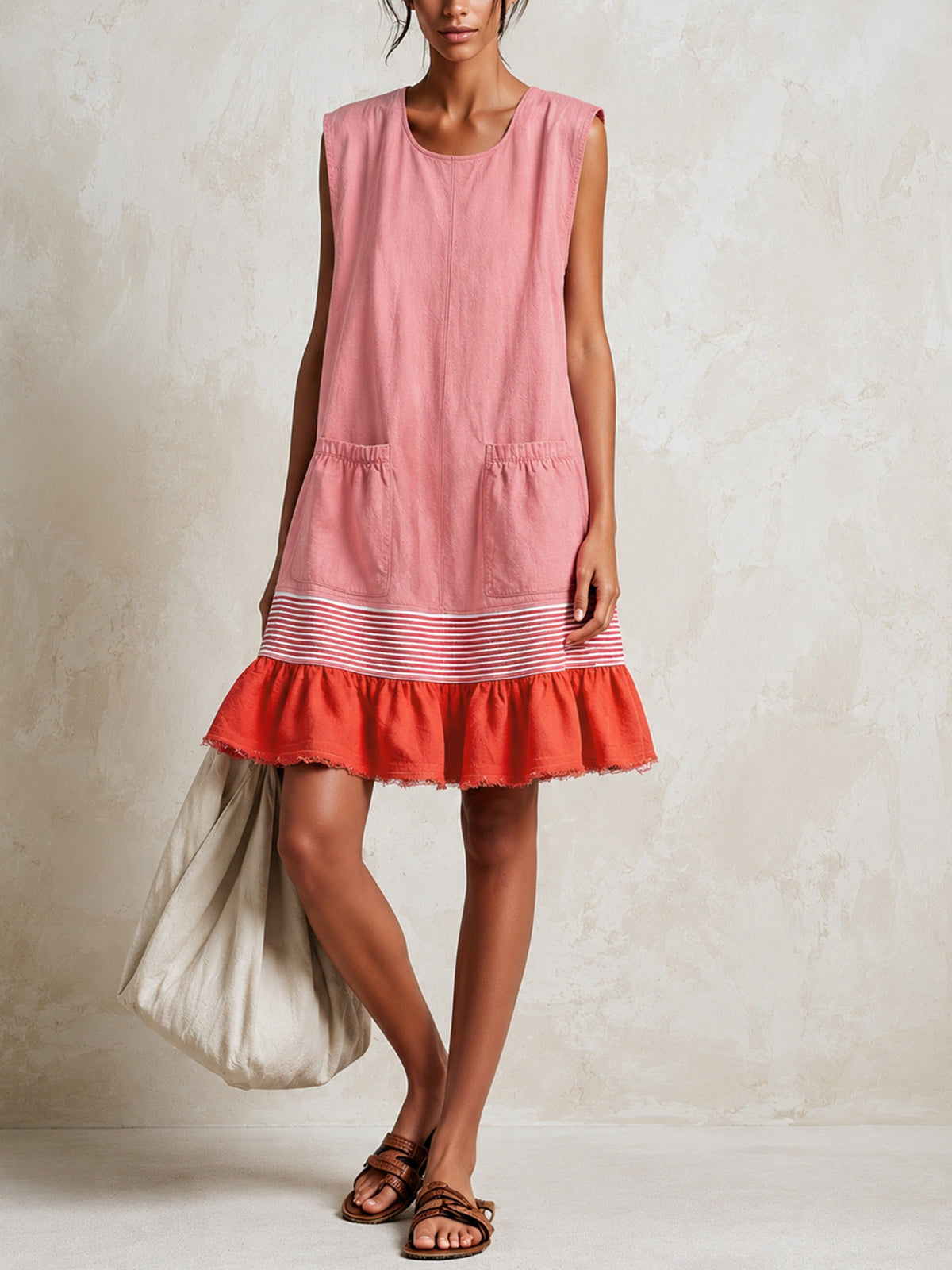 Blue Sleeveless Red Striped And Ruffled Loose Mini Dress