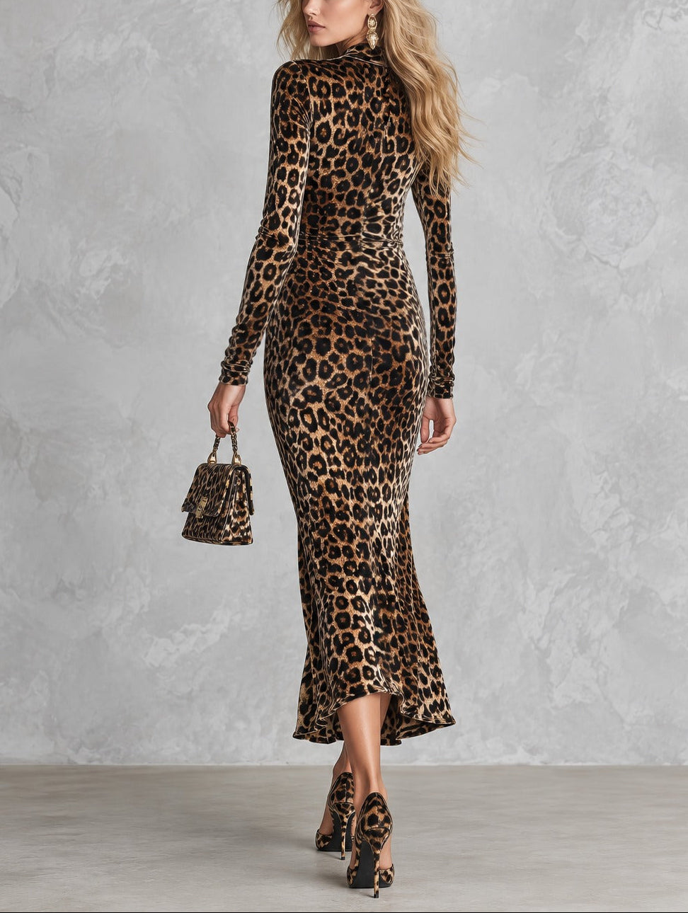 Vintage Brown Leopard Print V-Neck Ruched Velvet Midi Dress