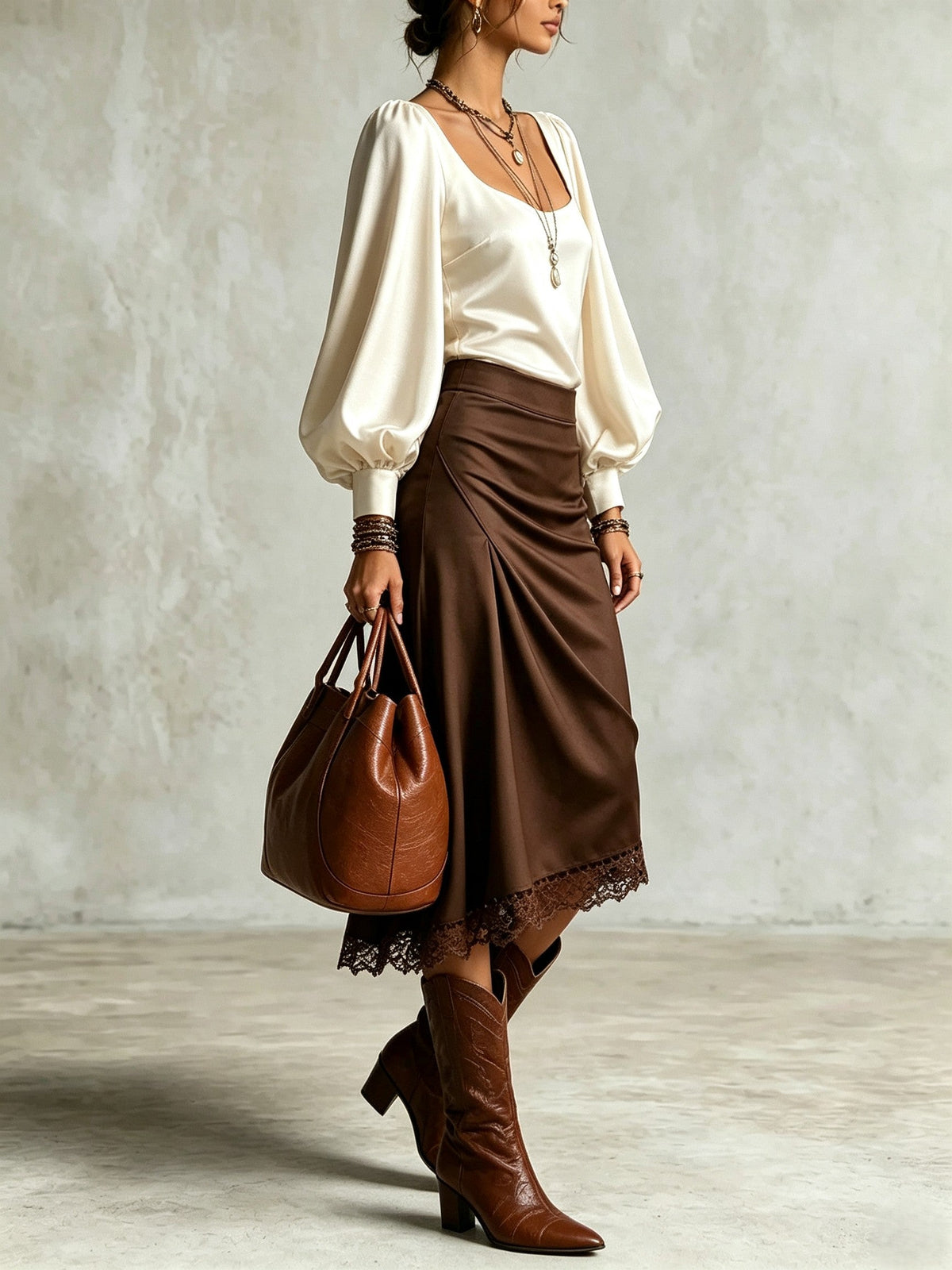 Elegant White Puff Sleeve Blouse and Brown Lace Hem Midi Skirt Two-Piece Set