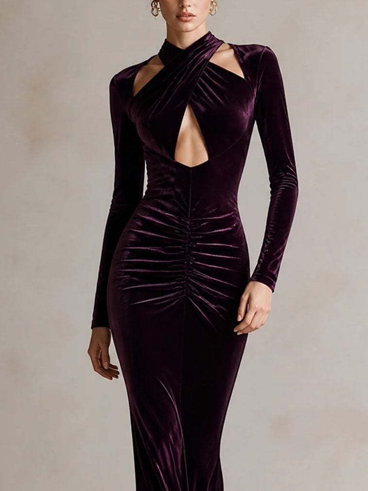 Dark Purple Velvet Crisscross Halter Cutout Mermaid Maxi Dress