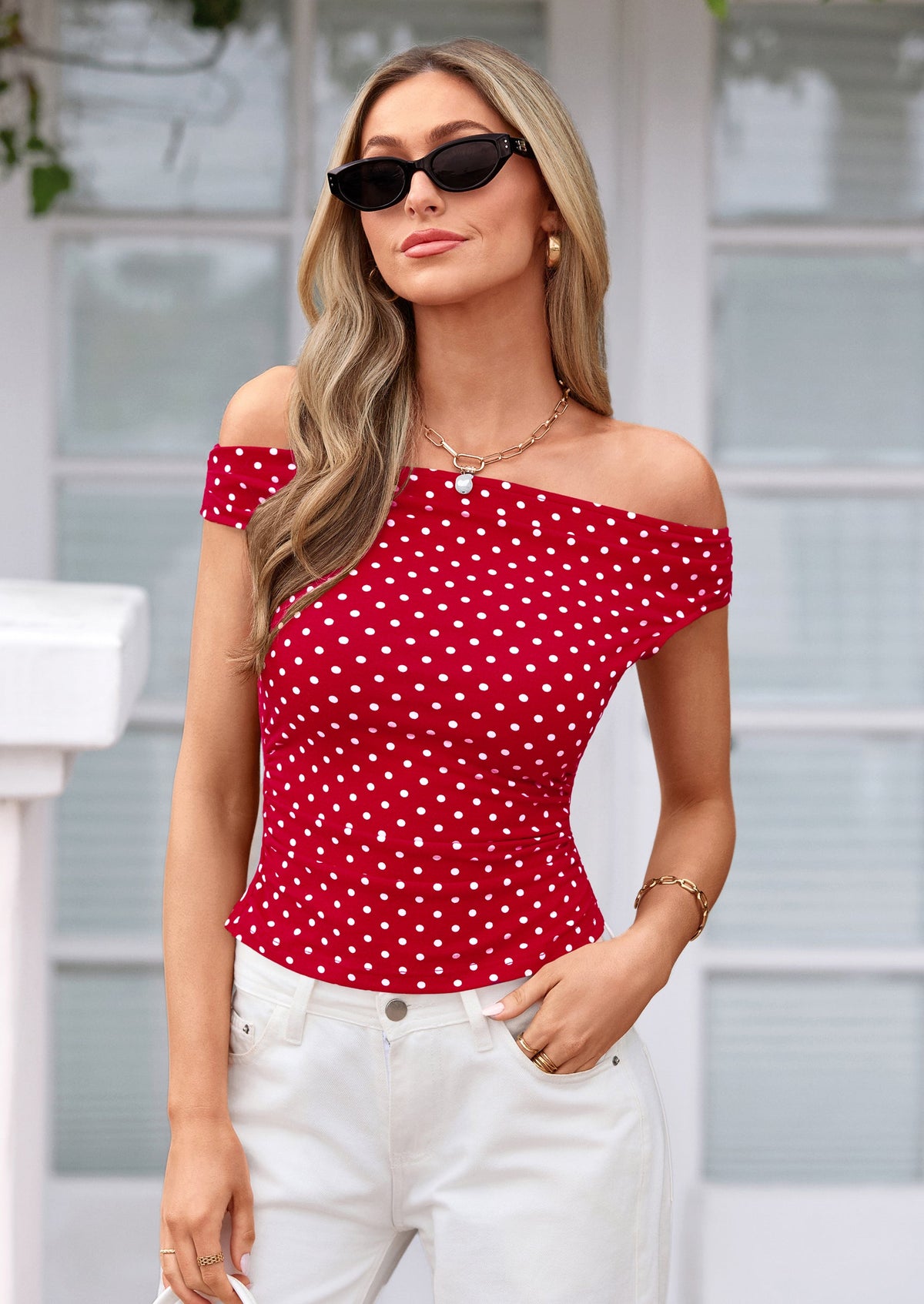 Women's Off-Shoulder Ruched Tank Top – Floral & Polka Dot Going-Out Top