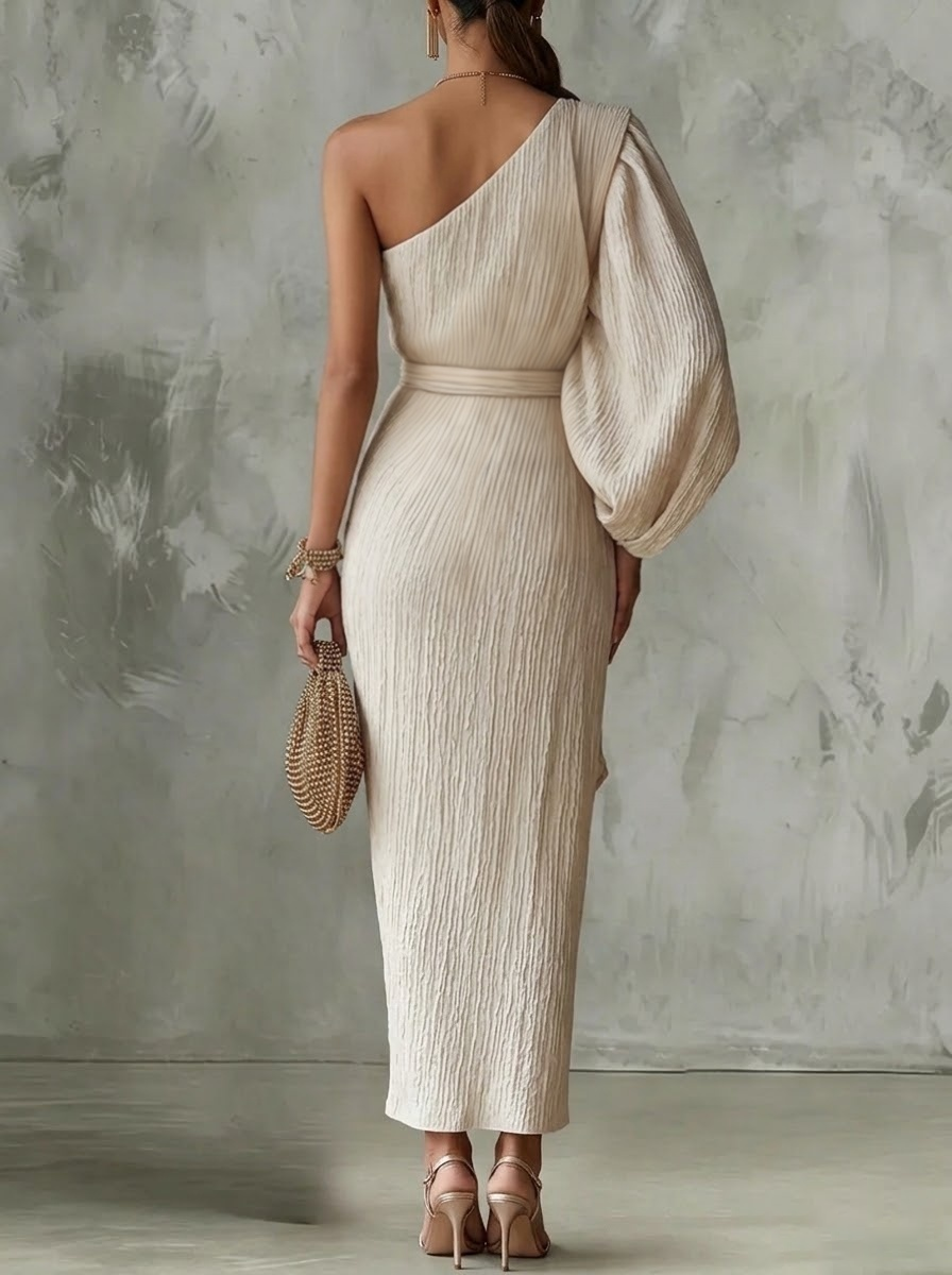 Asymmetrical One Shoulder Pleated Maxi Dress, Draped Batwing Sleeve Evening Dress