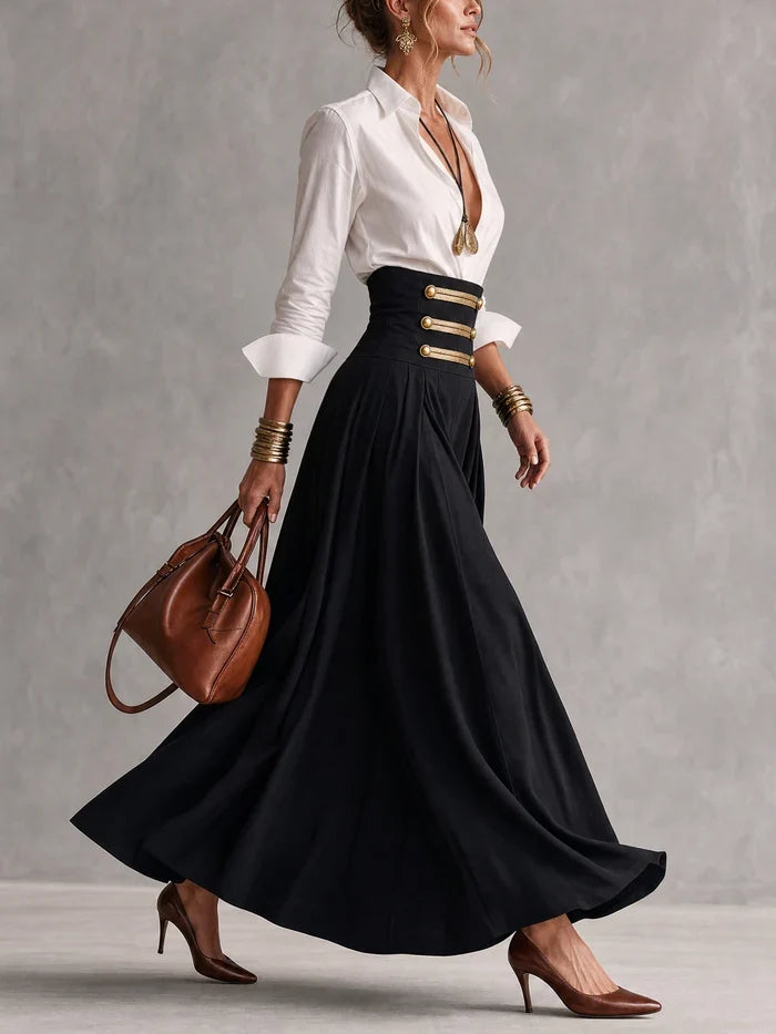 White Collar Shirt & High Waist Gold Button Skirt Two‑Piece Outfit
