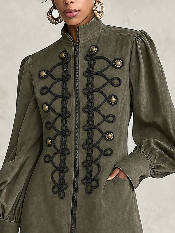 Olive Green Braided Embroidery Zip Front Lantern Sleeve Mini Dress