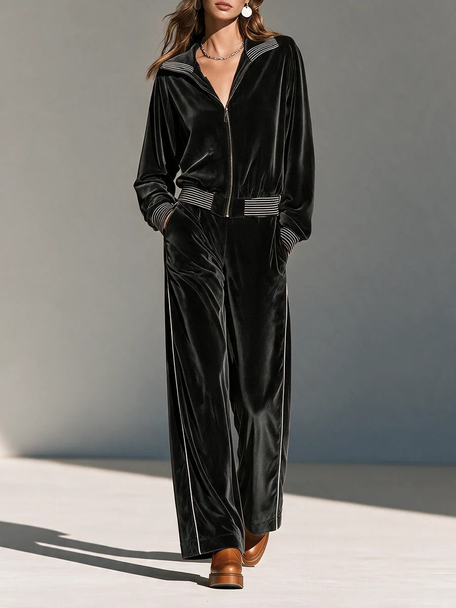 Velvet Striped Jacket Side Stripe Wide Leg Pants Two Piece