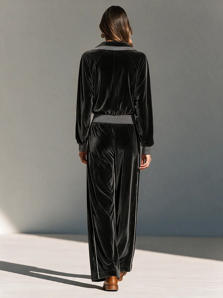 Velvet Striped Jacket Side Stripe Wide Leg Pants Two Piece