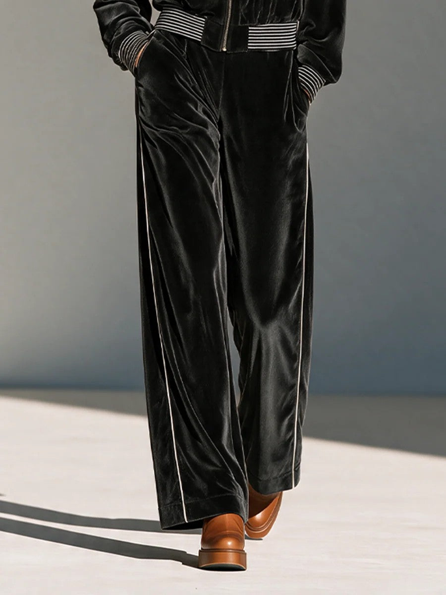 Velvet Striped Jacket Side Stripe Wide Leg Pants Two Piece