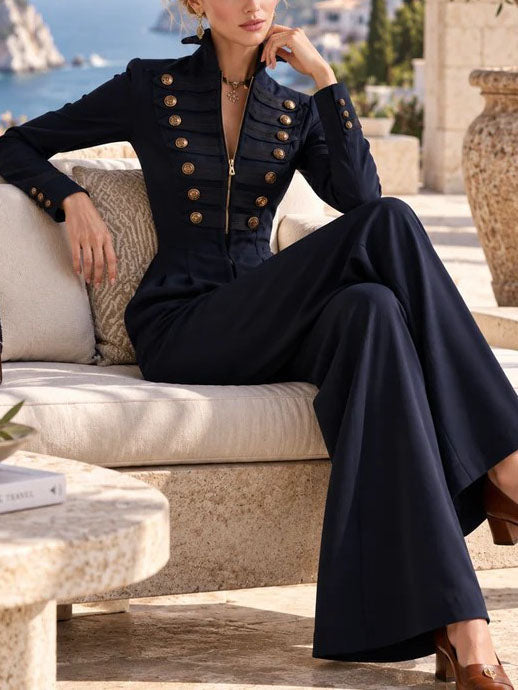 Navy Blue Military Style Stand Collar Button Wide Leg Jumpsuit
