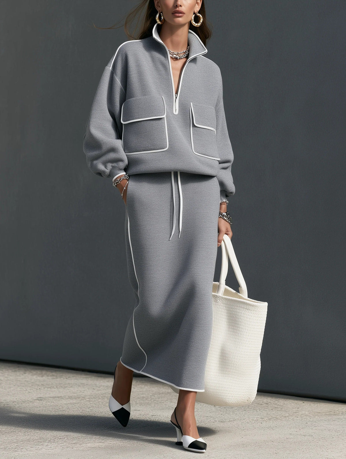 Grey Half Zip Pocket Sweatshirt Drawstring Midi Skirt Two Piece