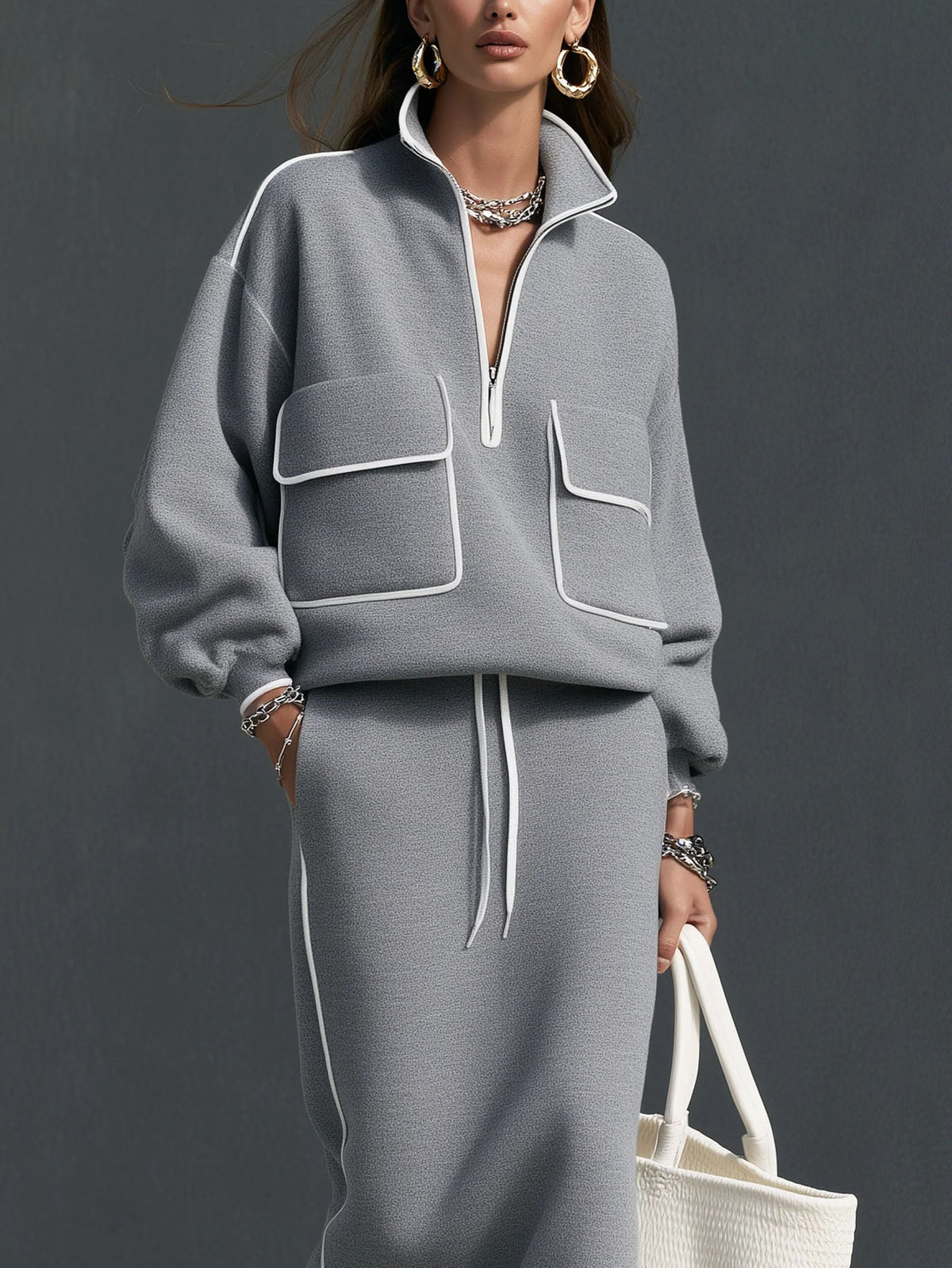 Grey Half Zip Pocket Sweatshirt Drawstring Midi Skirt Two Piece