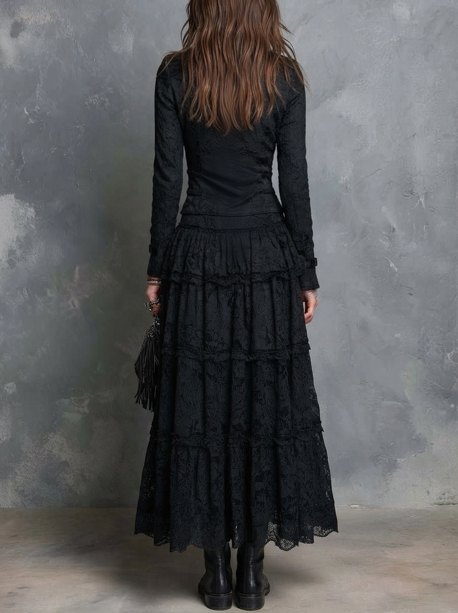 Black Lace Stand Collar Jacket Tiered Maxi Skirt Two Piece