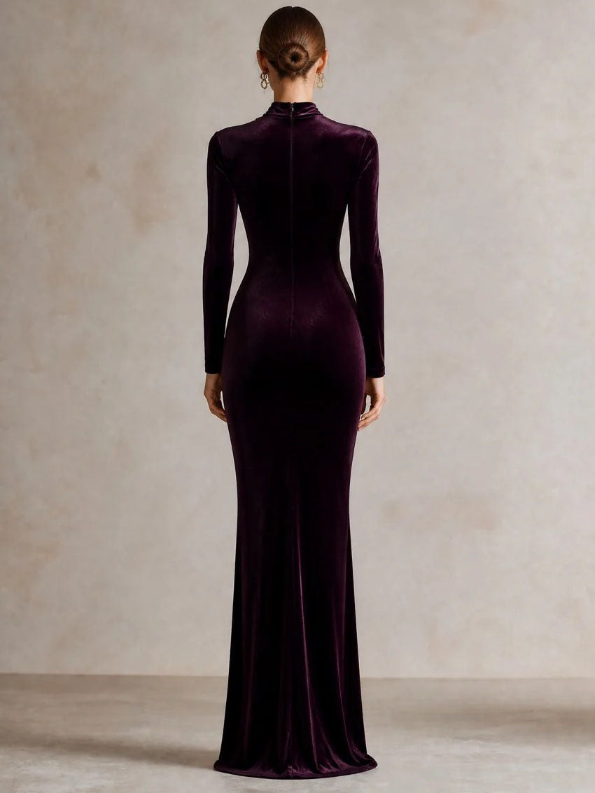 Dark Purple Velvet Crisscross Halter Cutout Mermaid Maxi Dress