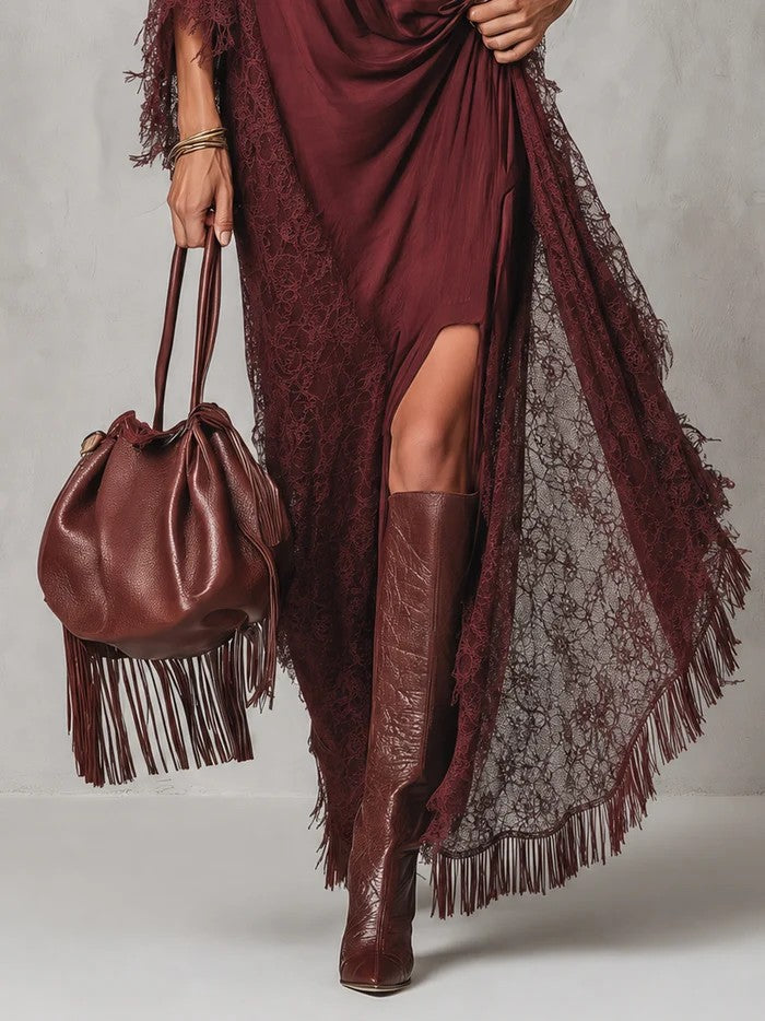 Burgundy Boho Lace Fringe Cowl Neck Long Sleeve Flowy Dress