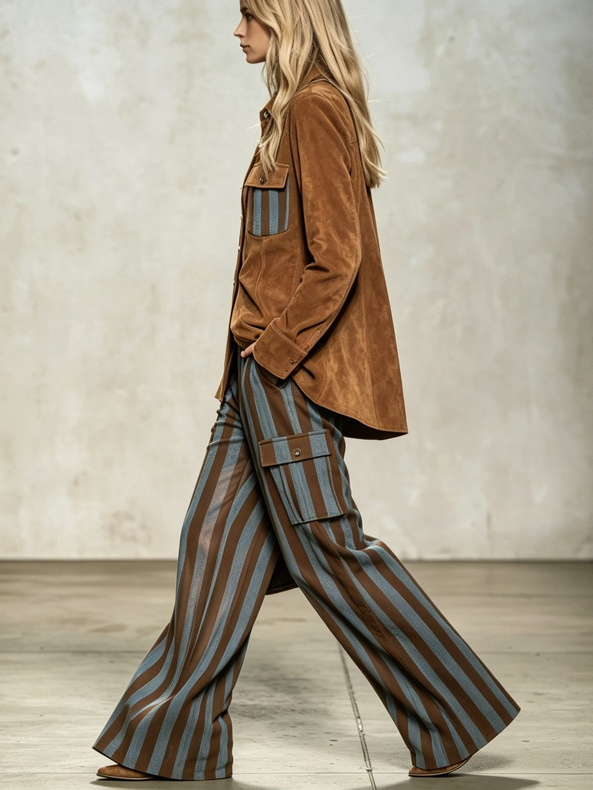 Retro Faux Suede Shirt And Vertical Striped Trousers Set