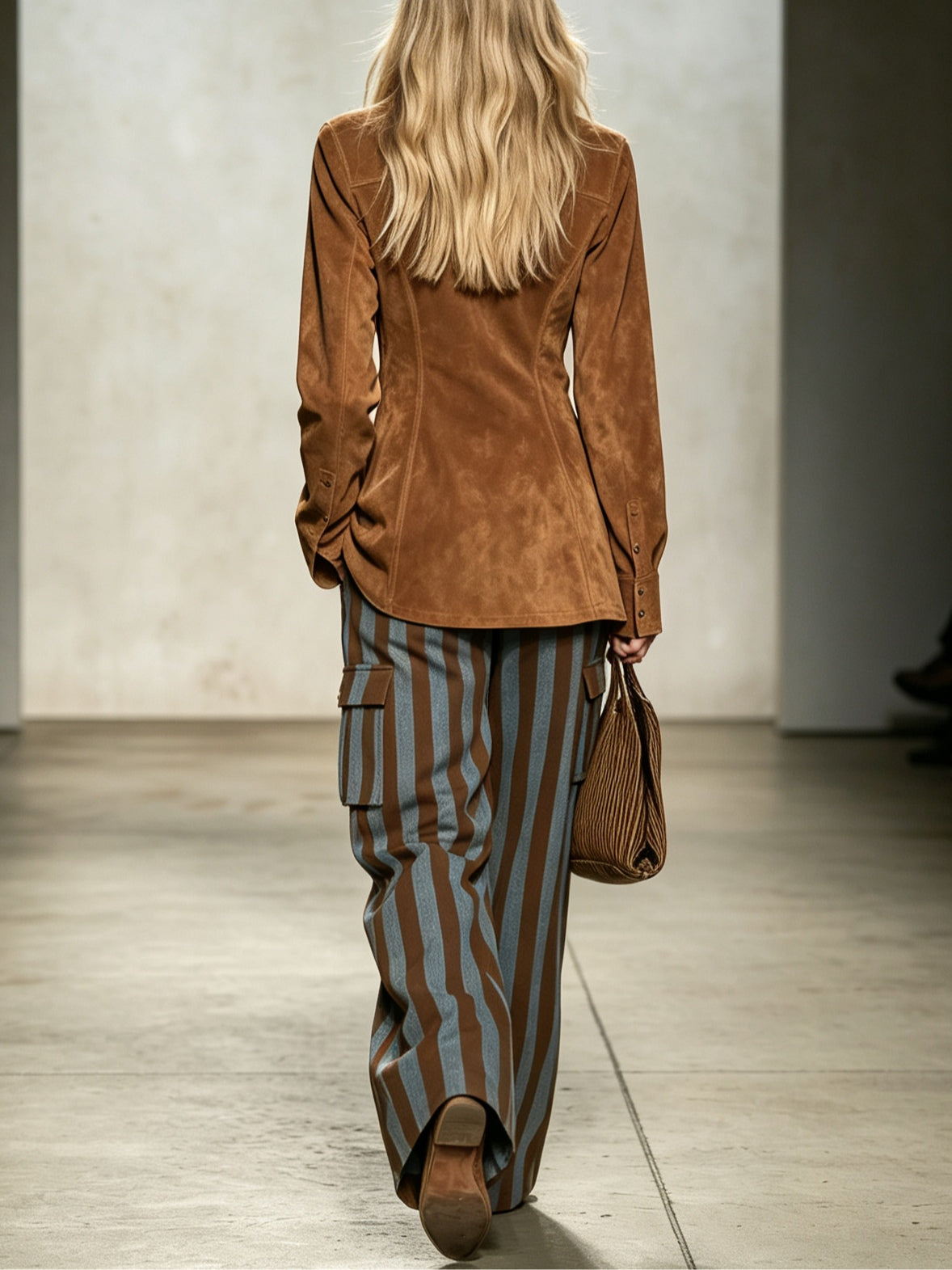 Retro Faux Suede Shirt And Vertical Striped Trousers Set
