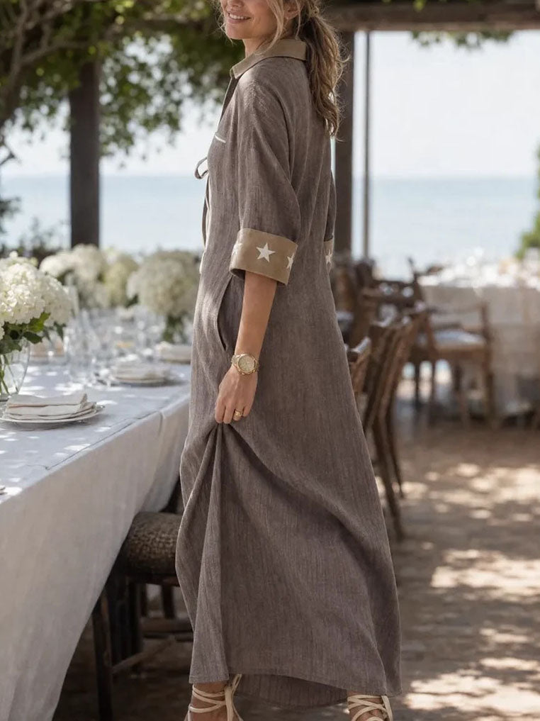Taupe Linen Blend  Shirt Collar Striped Tie Star Cuff Maxi Dress