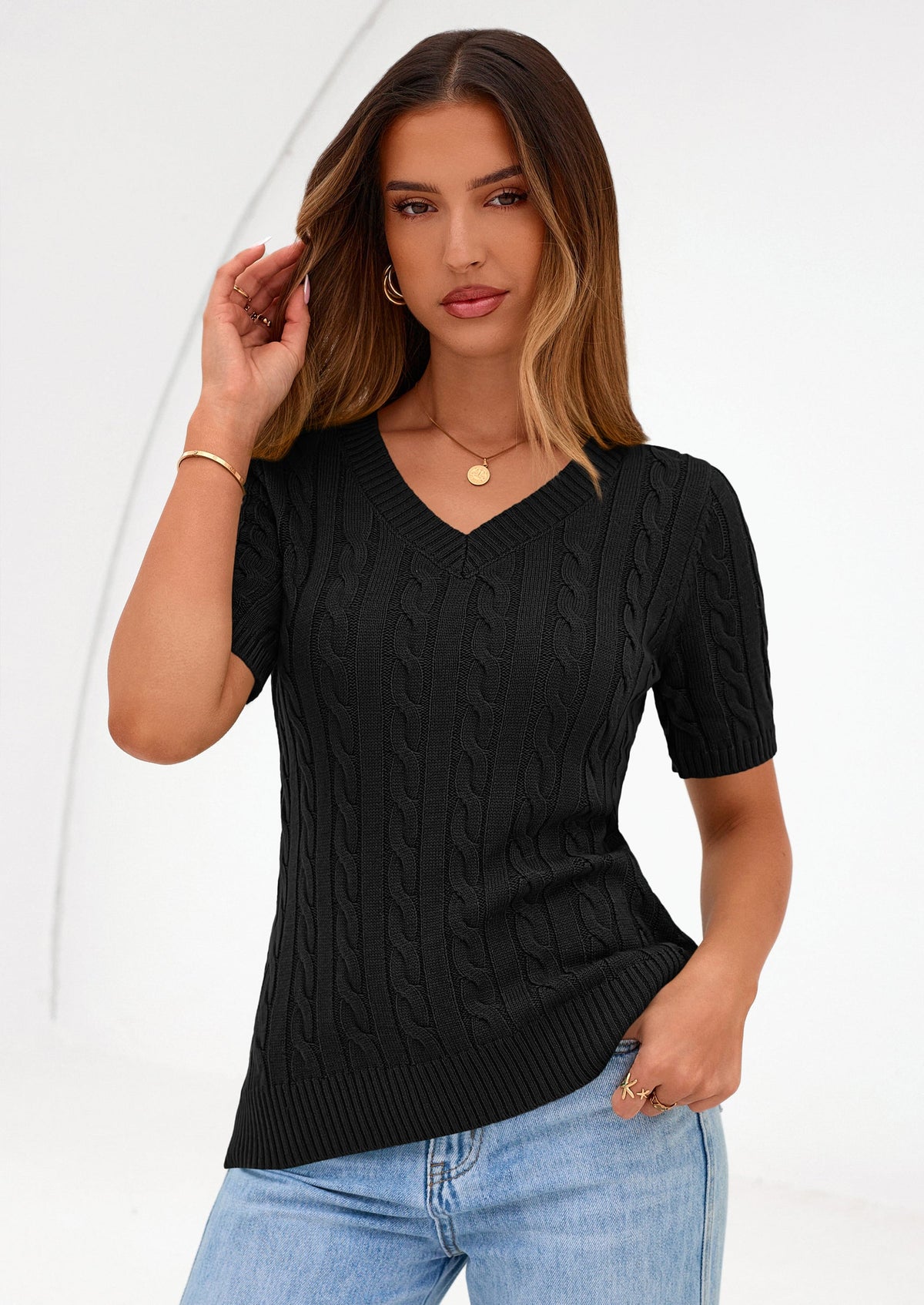 Women's Cable Knit Sweater – Short Sleeve V-Neck Fitted Top