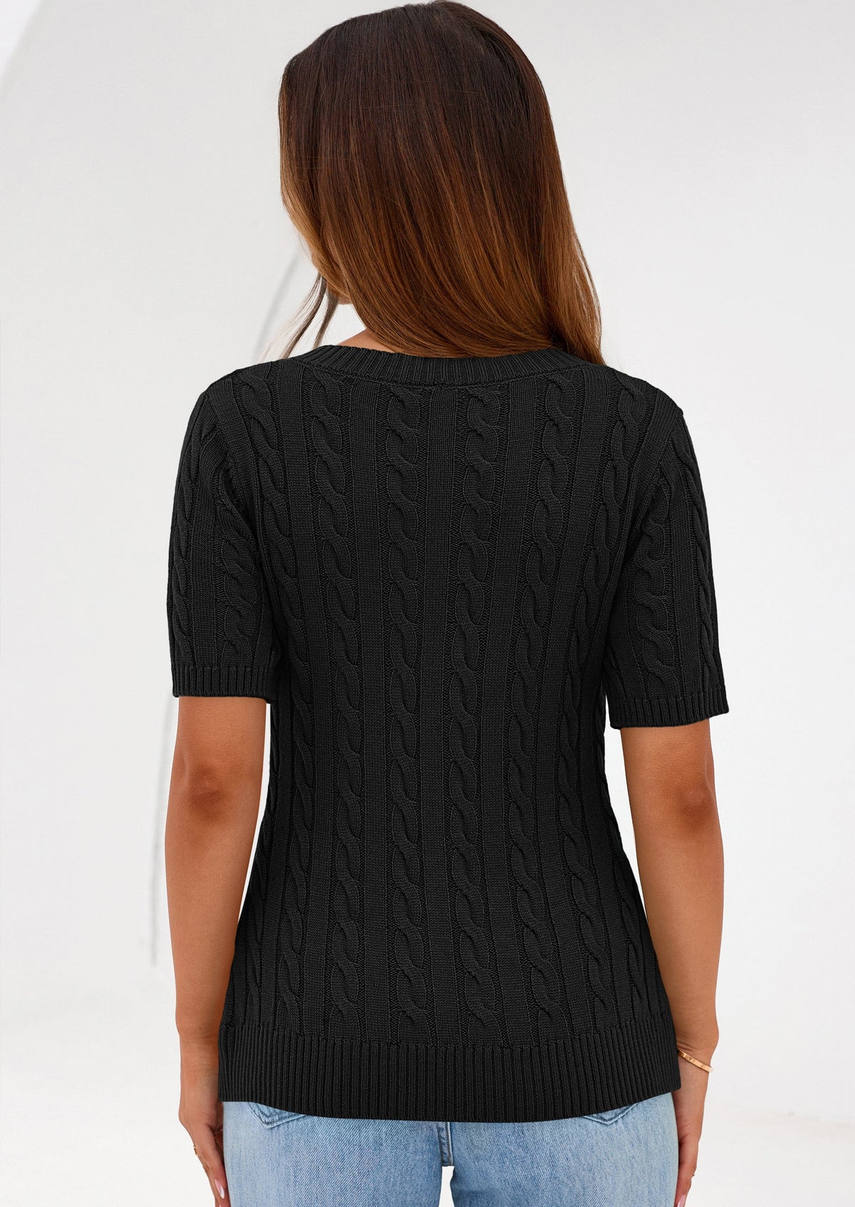 Women's Cable Knit Sweater – Short Sleeve V-Neck Fitted Top