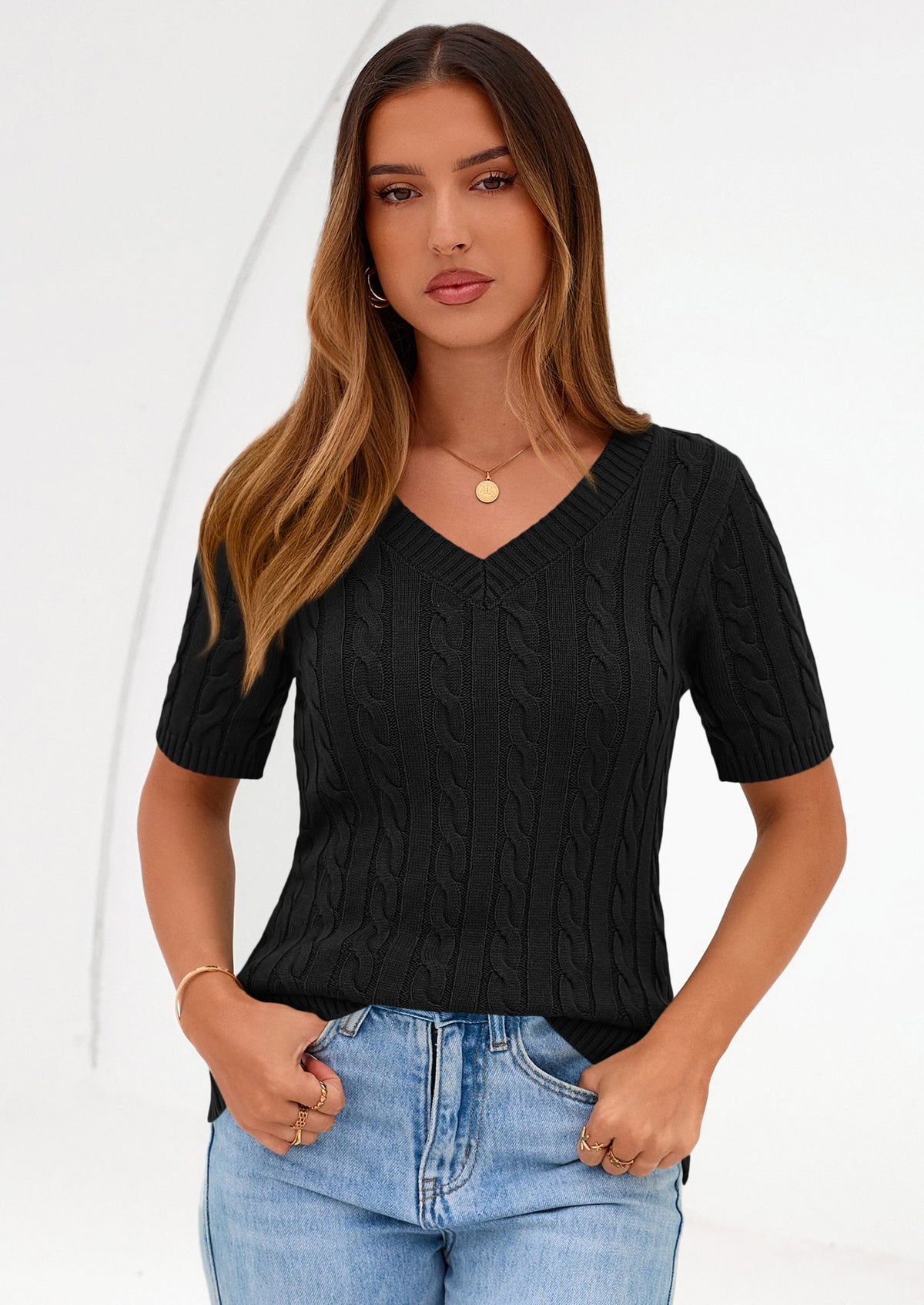 Women's Cable Knit Sweater – Short Sleeve V-Neck Fitted Top