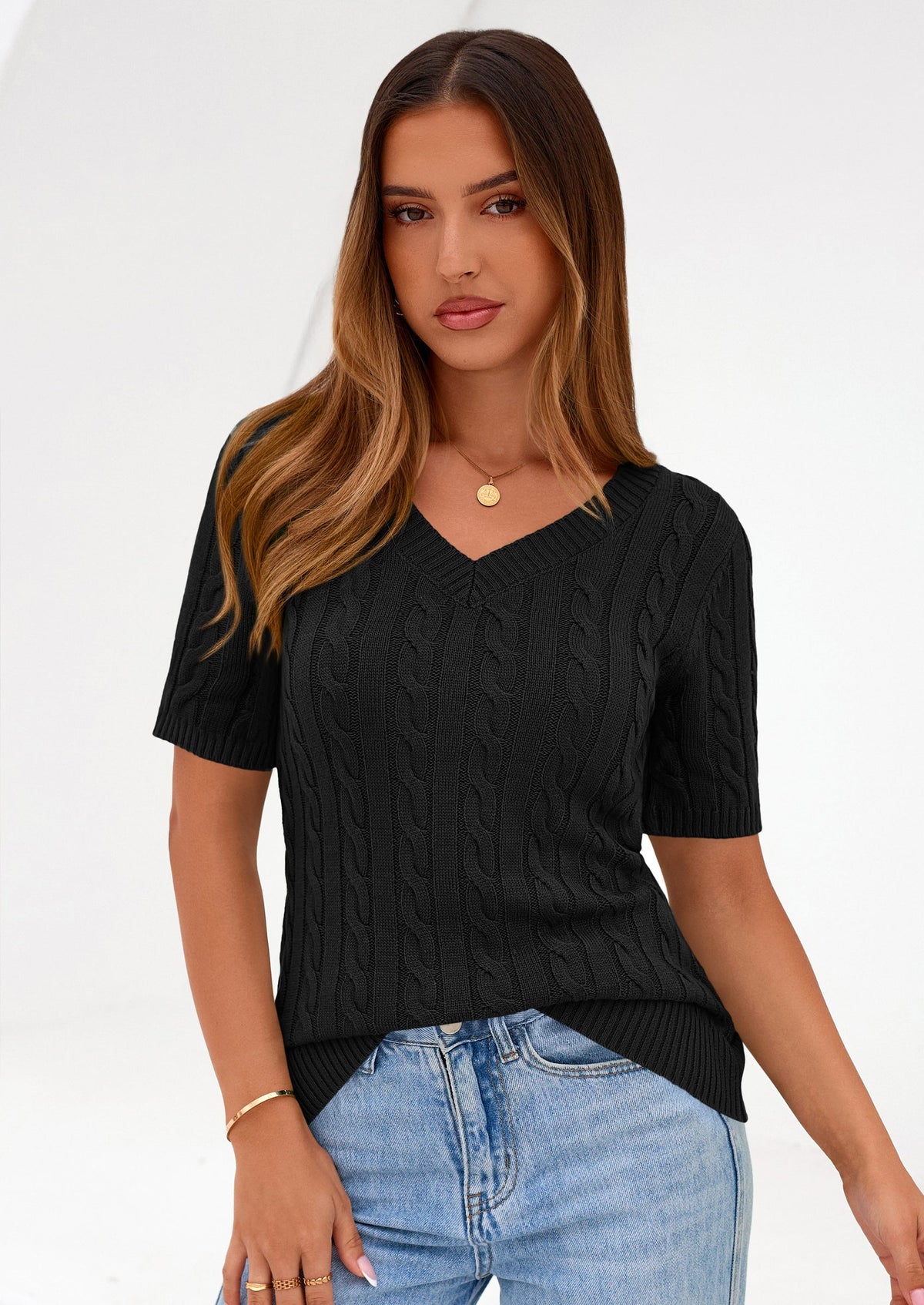 Women's Cable Knit Sweater – Short Sleeve V-Neck Fitted Top