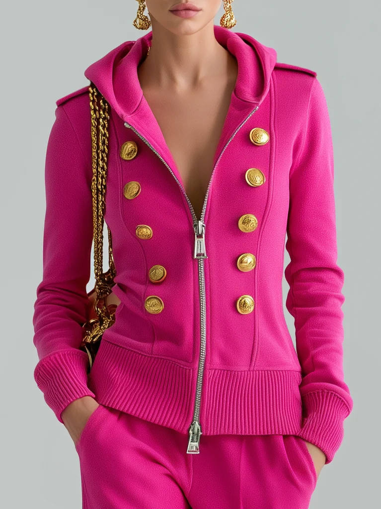 Hot Pink Hooded Zip-Up Two-Piece Pants Set