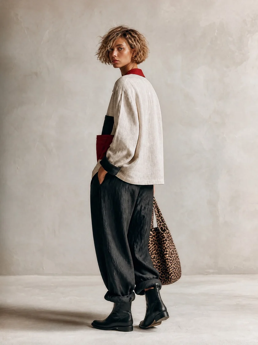 Chic Color Block Pocket Shirt and Relaxed Black Wide Leg Pants Set