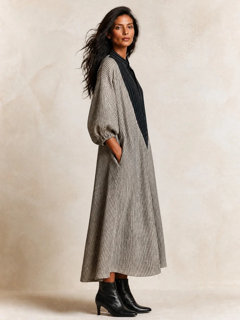 Elegant Black Contrast V-Neck Striped Loose Maxi Dress with Pockets