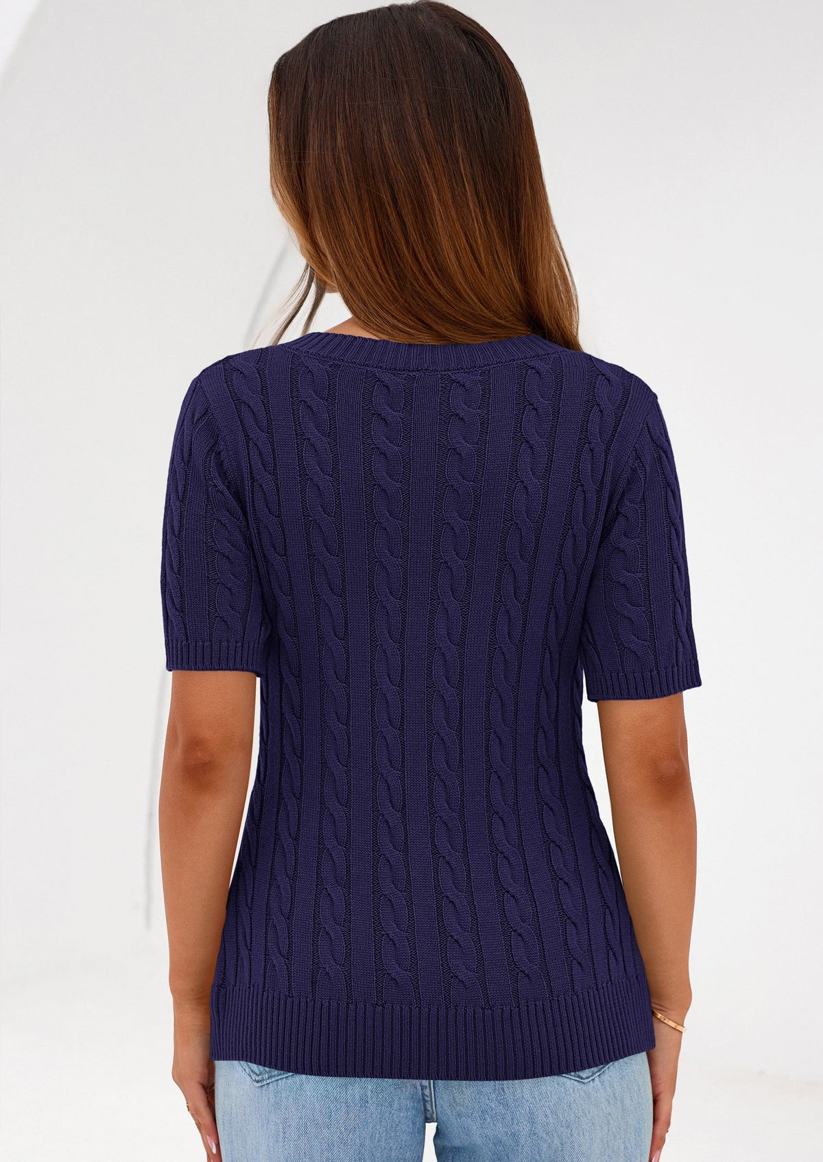 Women's Cable Knit Sweater – Short Sleeve V-Neck Fitted Top