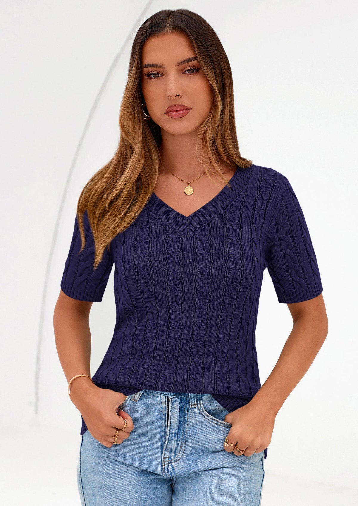 Women's Cable Knit Sweater – Short Sleeve V-Neck Fitted Top