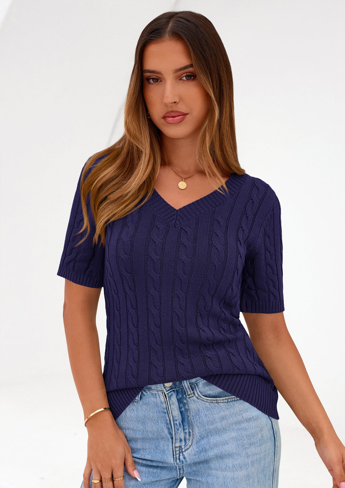 Women's Cable Knit Sweater – Short Sleeve V-Neck Fitted Top