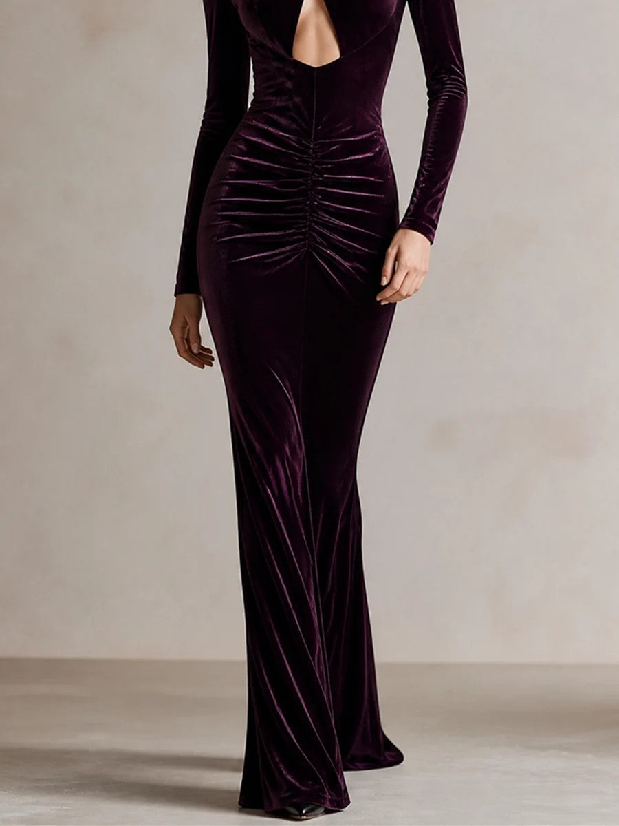 Dark Purple Velvet Crisscross Halter Cutout Mermaid Maxi Dress