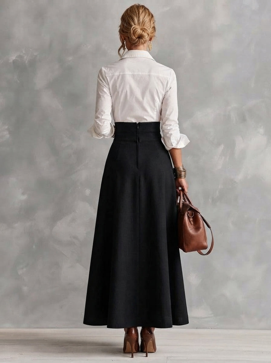 White Collar Shirt & High Waist Gold Button Skirt Two‑Piece Outfit
