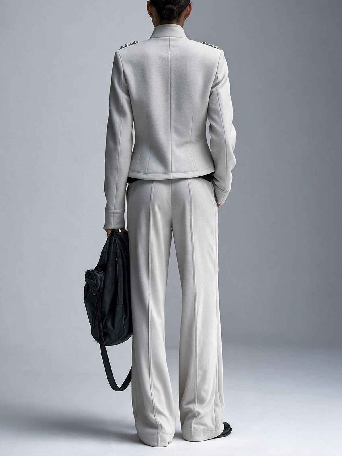 Military Style Stand Collar Jacket High Waist Flared Pants Set
