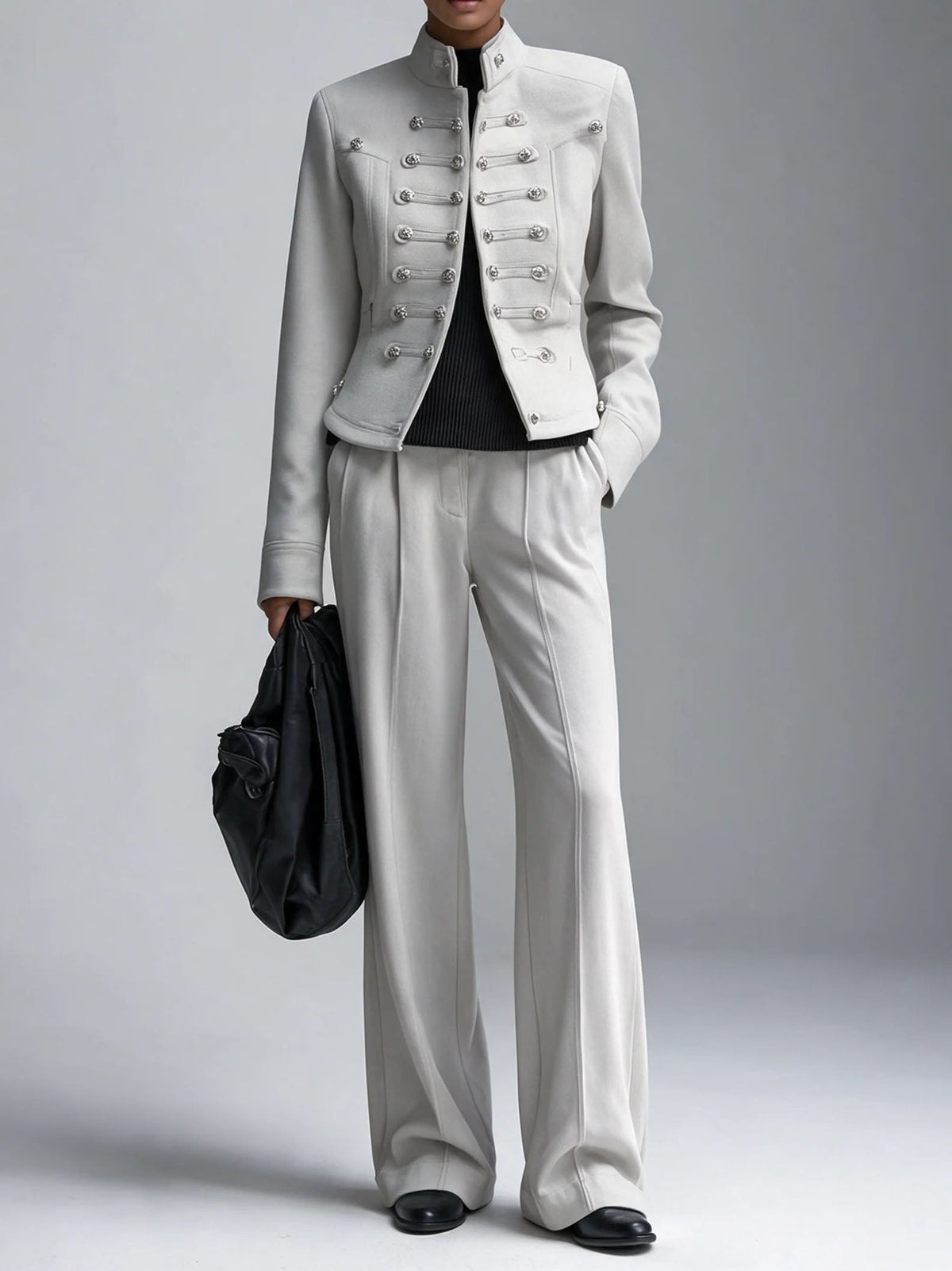 Military Style Stand Collar Jacket High Waist Flared Pants Set
