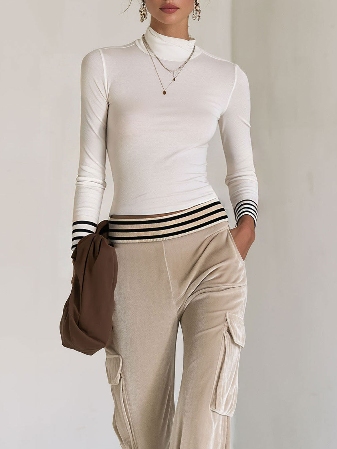 White Striped Top And Beige Velvet Cargo Wide Leg Pants Set