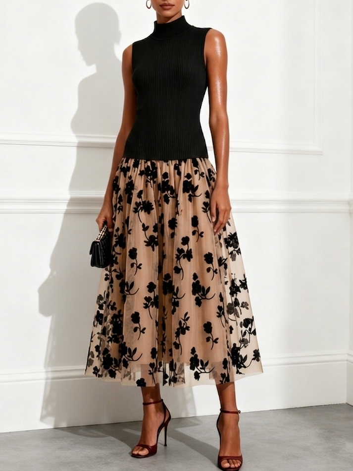 Black Ribbed Knitted Tank Top + Double-layered Floral Tulle Midi Skirt Two Piece Set