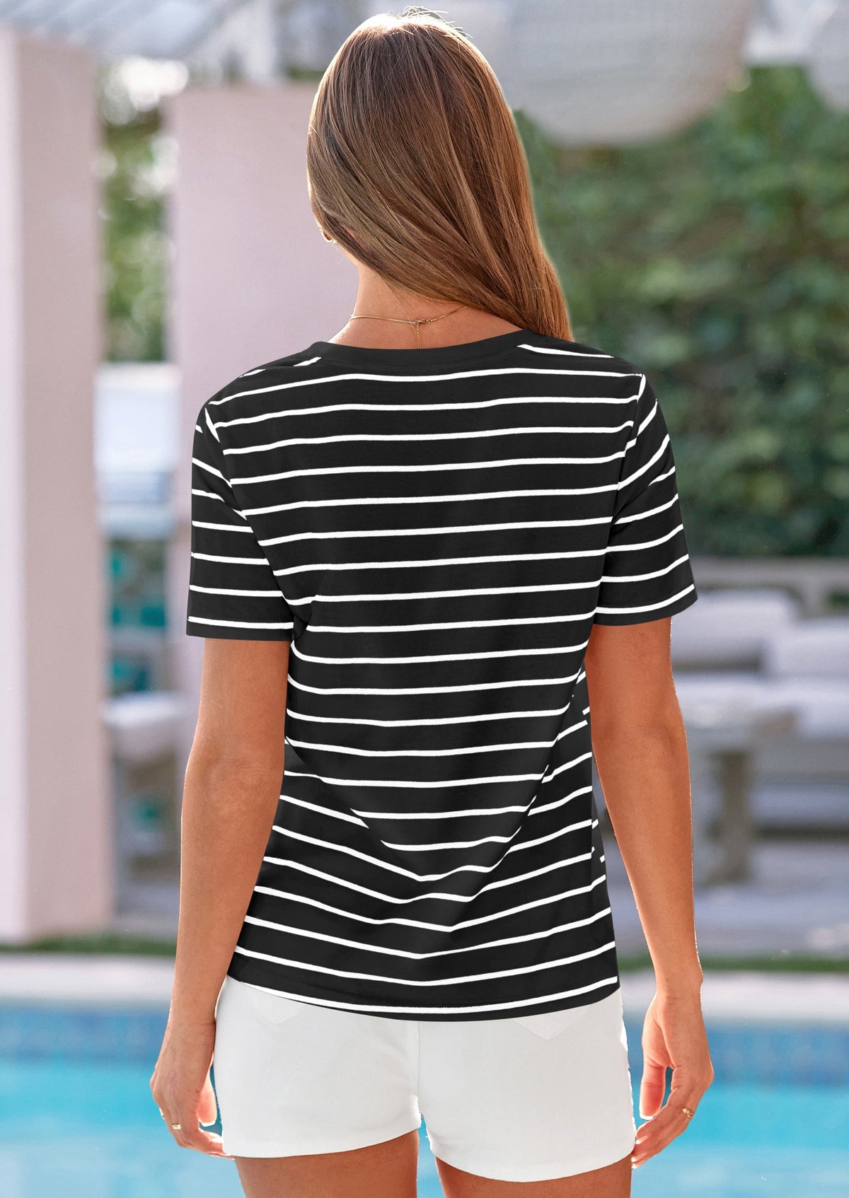 Women's Striped V-Neck Knit Tee – Short Sleeve Cotton Top