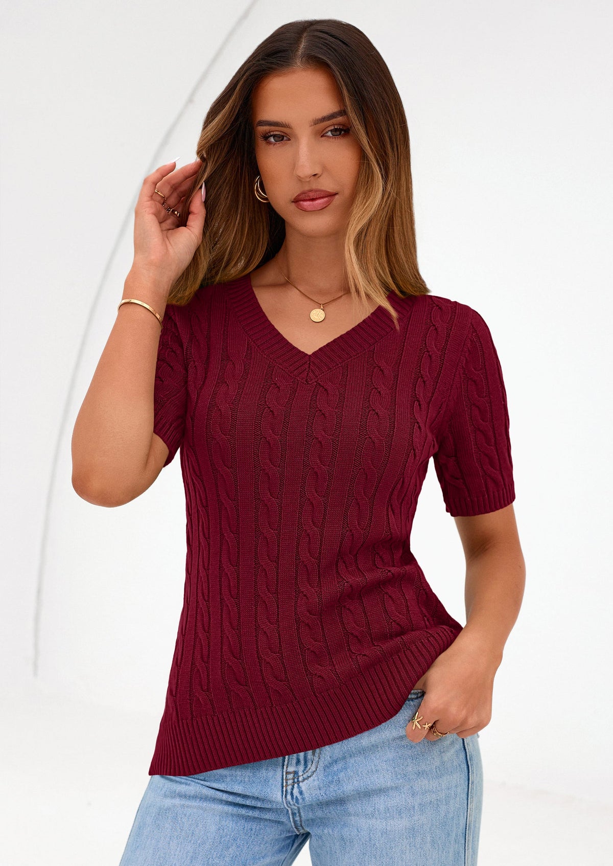 Women's Cable Knit Sweater – Short Sleeve V-Neck Fitted Top