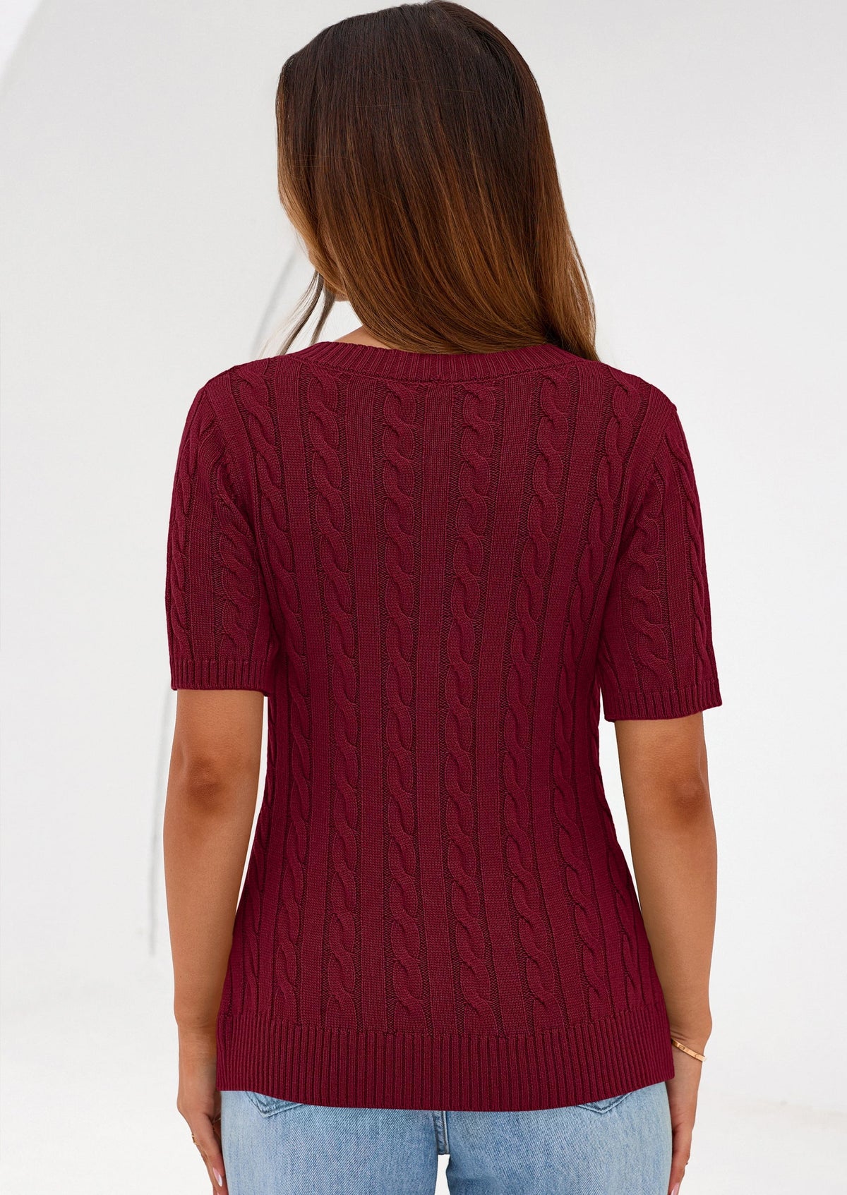 Women's Cable Knit Sweater – Short Sleeve V-Neck Fitted Top