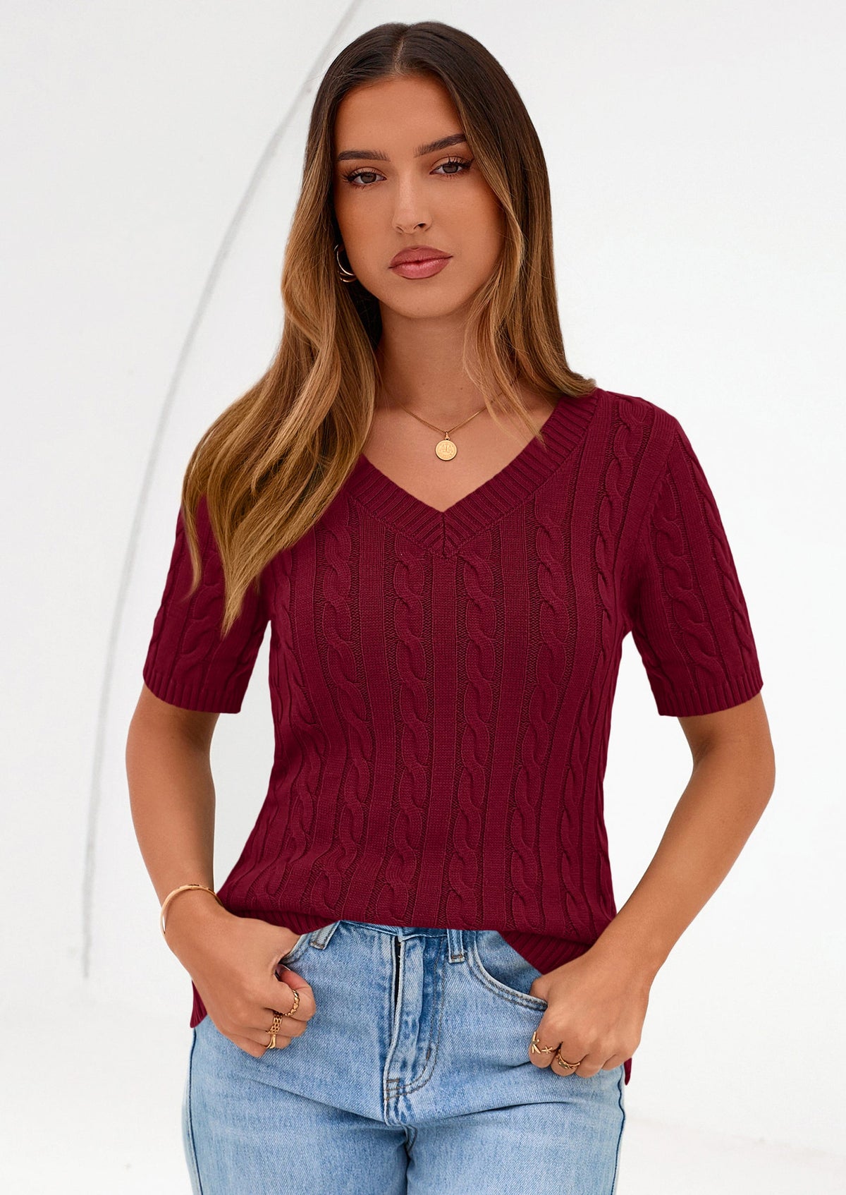 Women's Cable Knit Sweater – Short Sleeve V-Neck Fitted Top