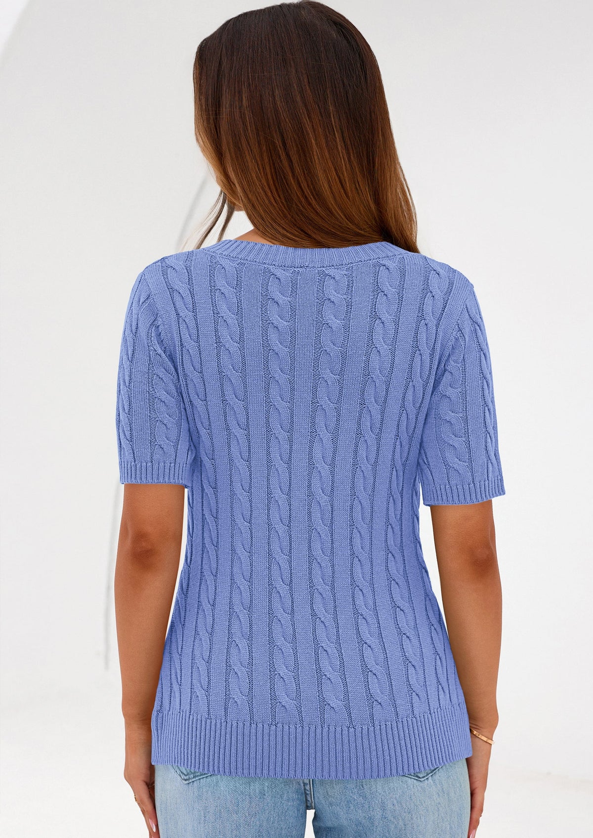 Women's Cable Knit Sweater – Short Sleeve V-Neck Fitted Top