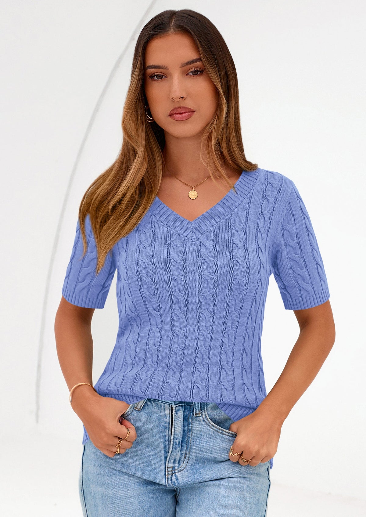 Women's Cable Knit Sweater – Short Sleeve V-Neck Fitted Top