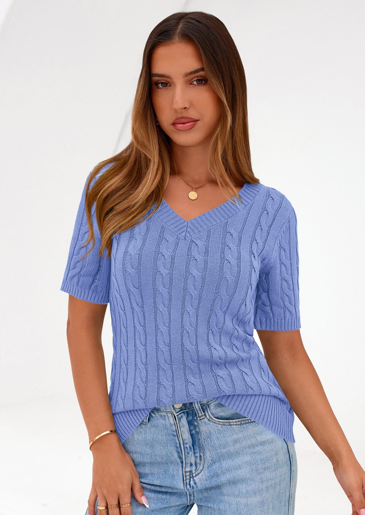 Women's Cable Knit Sweater – Short Sleeve V-Neck Fitted Top