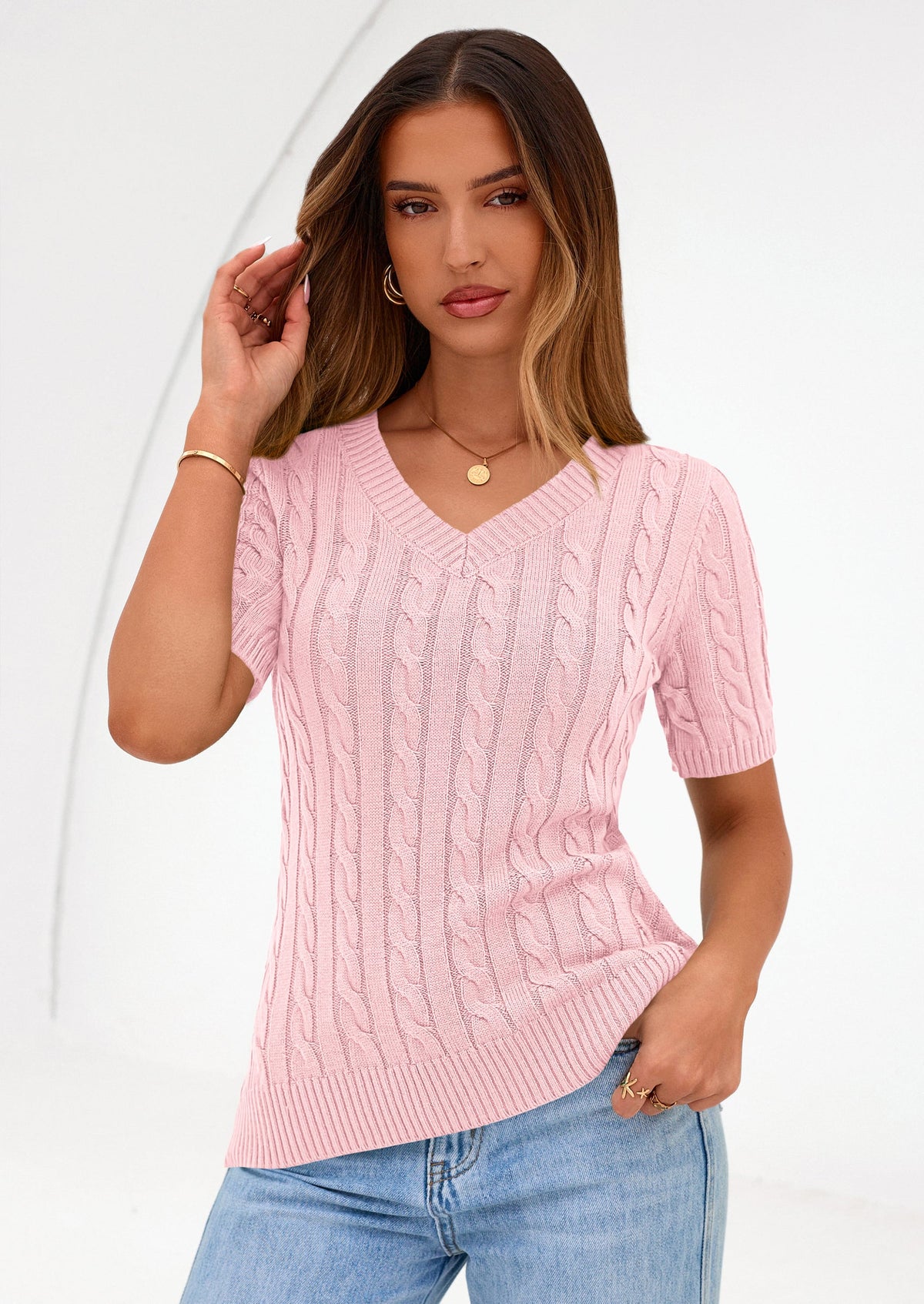 Women's Cable Knit Sweater – Short Sleeve V-Neck Fitted Top