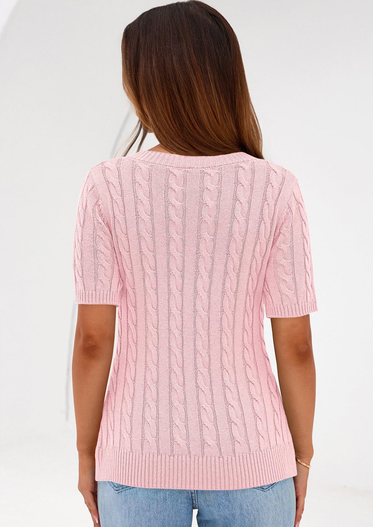 Women's Cable Knit Sweater – Short Sleeve V-Neck Fitted Top