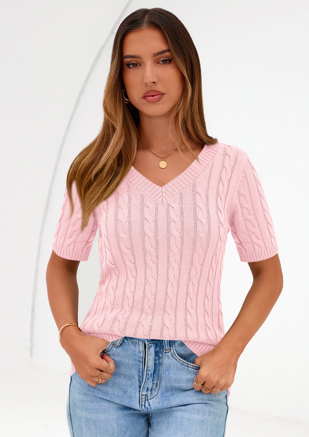 Women's Cable Knit Sweater – Short Sleeve V-Neck Fitted Top