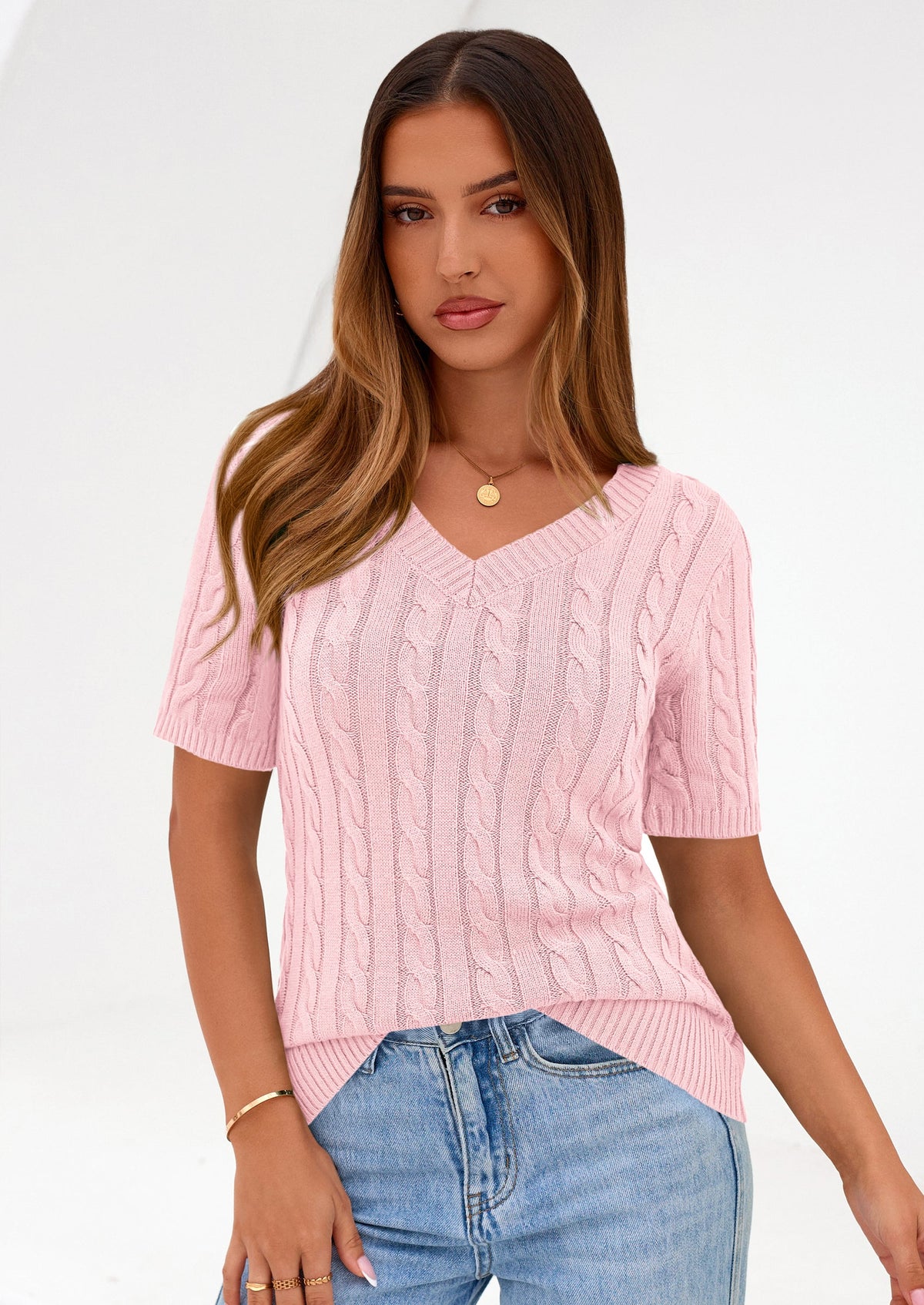 Women's Cable Knit Sweater – Short Sleeve V-Neck Fitted Top