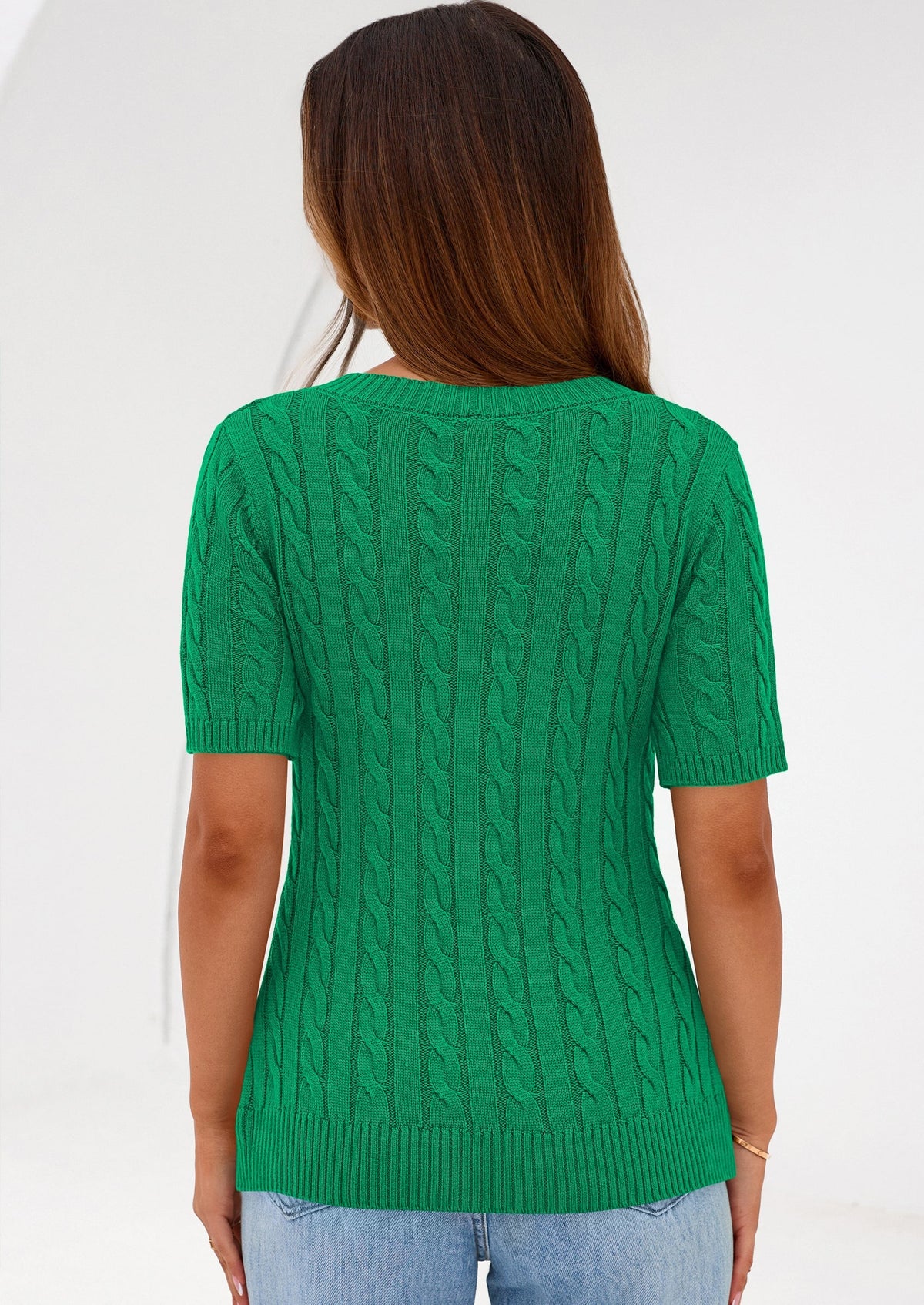 Women's Cable Knit Sweater – Short Sleeve V-Neck Fitted Top